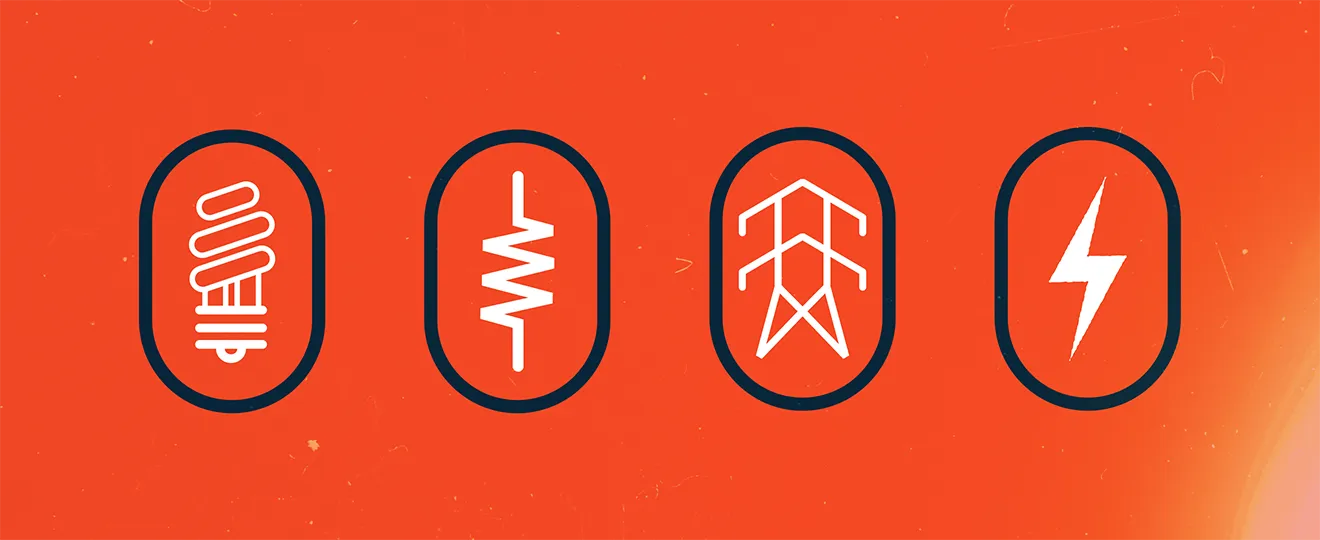 Plateau Electric Co. icon set featuring electrical symbols including bulb, resistor, tower, and lightning bolt.
