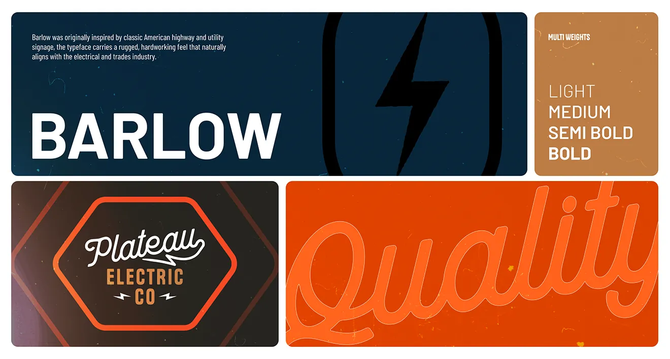 Plateau Electric Co. typography guidelines showing Barlow font system, weights, and custom script applications.