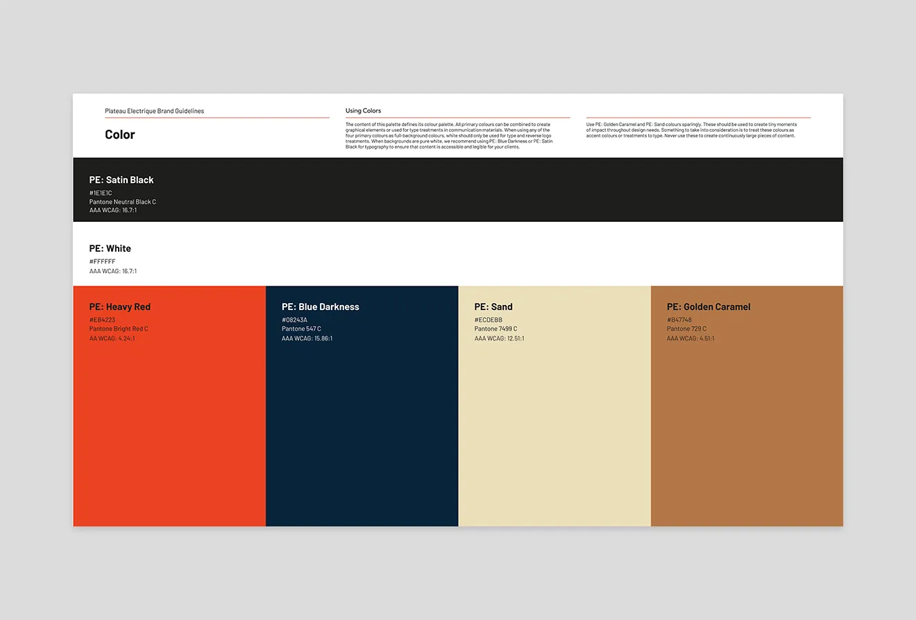 Plateau Electric Co. brand guidelines color palette with WCAG accessibility contrast rules and HEX values.