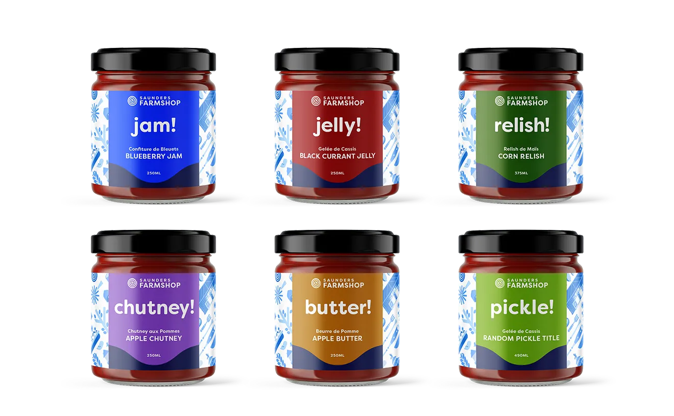 Saunders FarmShop condiment packaging lineup featuring six illustrated glass jars for jams, jellies, relishes, chutneys, and pickles.