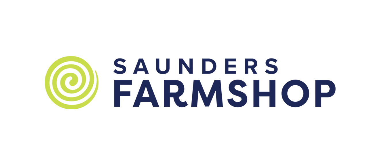 Saunders FarmShop primary logo featuring a lime green spiral emblem and navy typography designed by Hovski Studio.