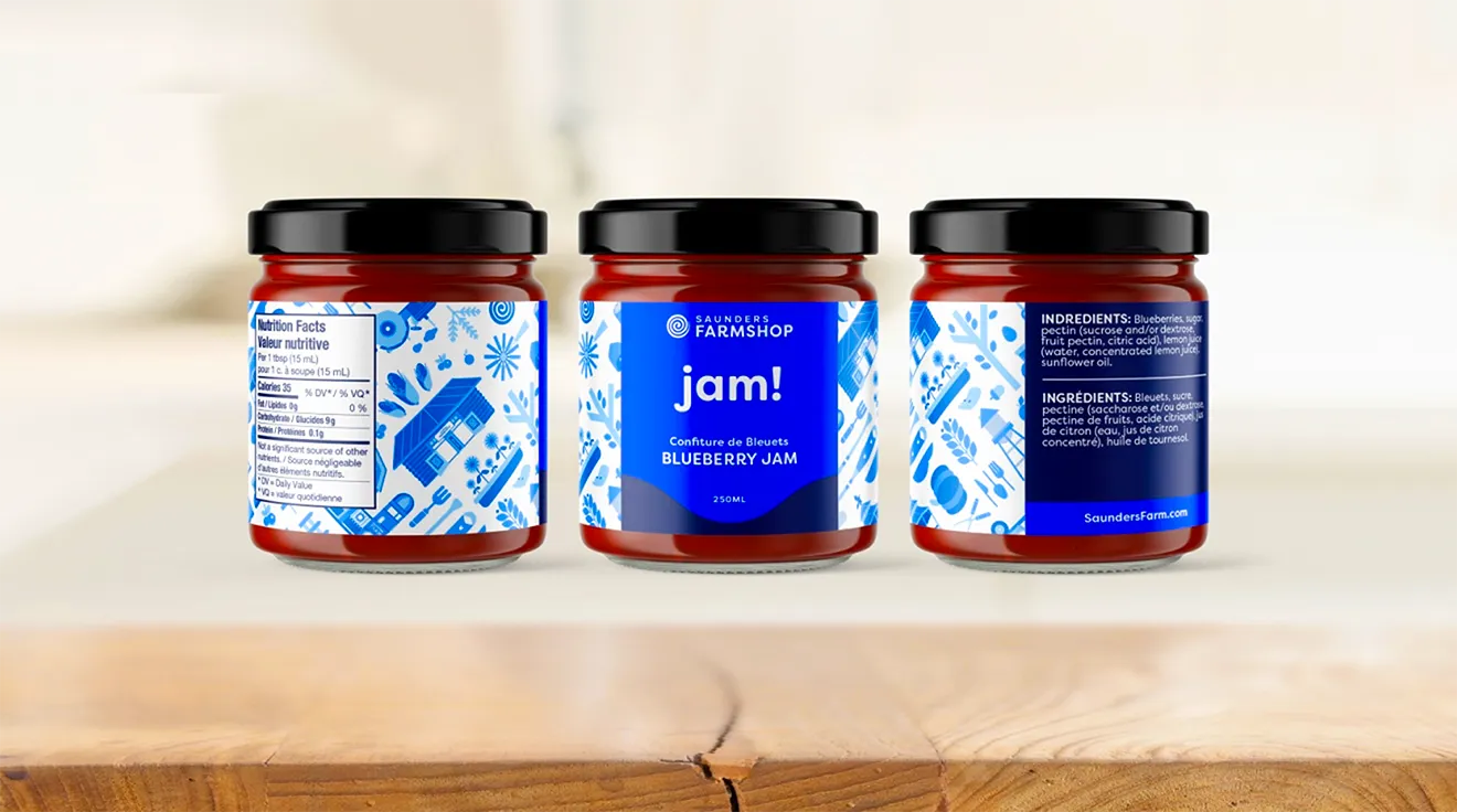 Saunders FarmShop Blueberry Jam packaging mockup showing front label, nutrition panel, and illustrated farm pattern.