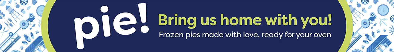 Saunders FarmShop freezer banner featuring frozen pie messaging and illustrated bakery pattern.