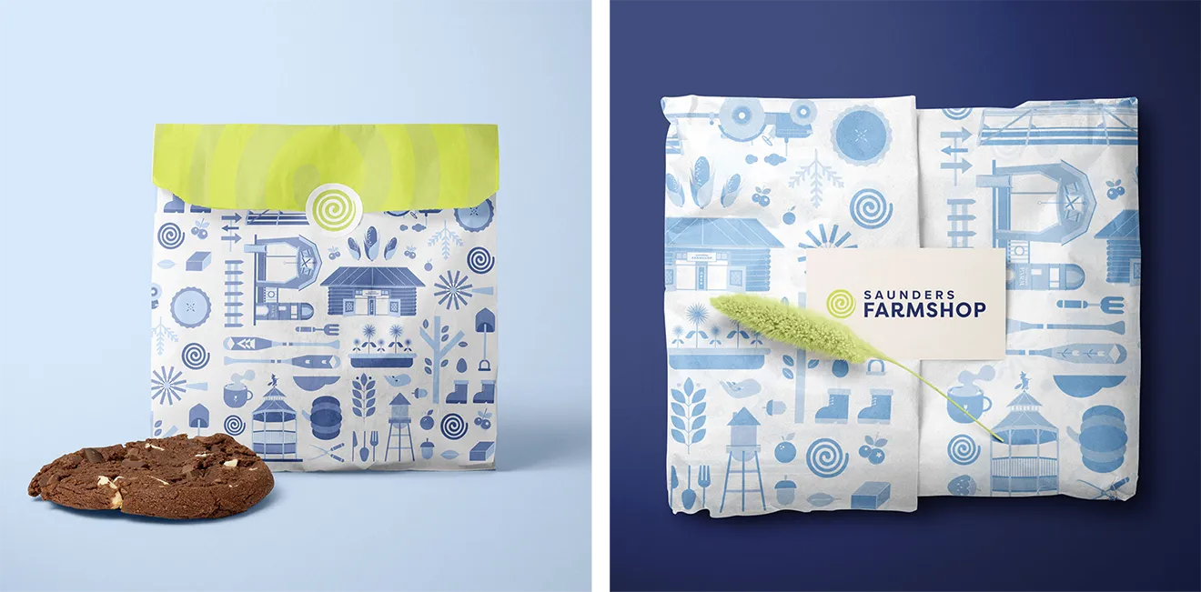 aunders FarmShop pastry packaging sleeves featuring navy logo and custom farm icon pattern.
