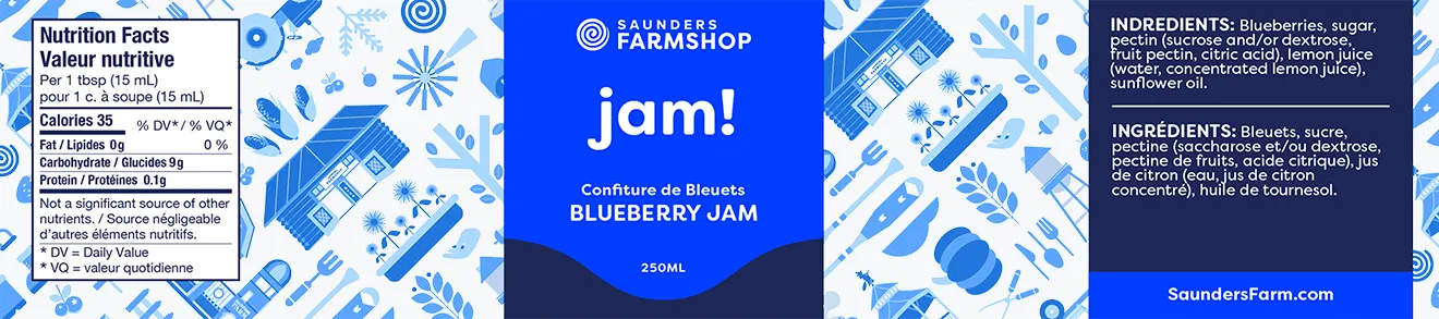 Saunders FarmShop Blueberry Jam label design featuring custom farm illustrations and bilingual packaging layout.
