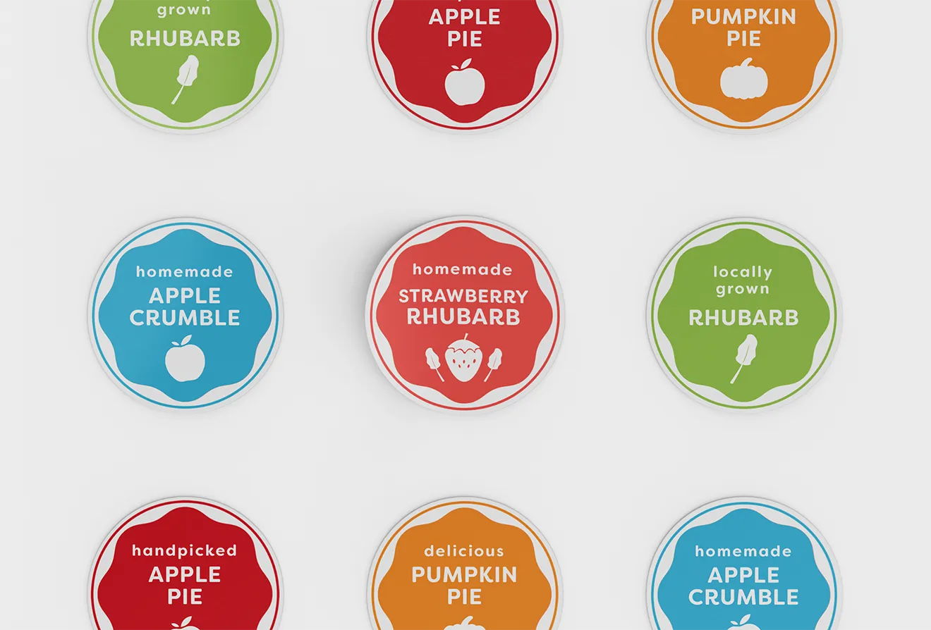 Saunders FarmShop bakery stickers featuring pie and fudge product labels with custom brand icons.