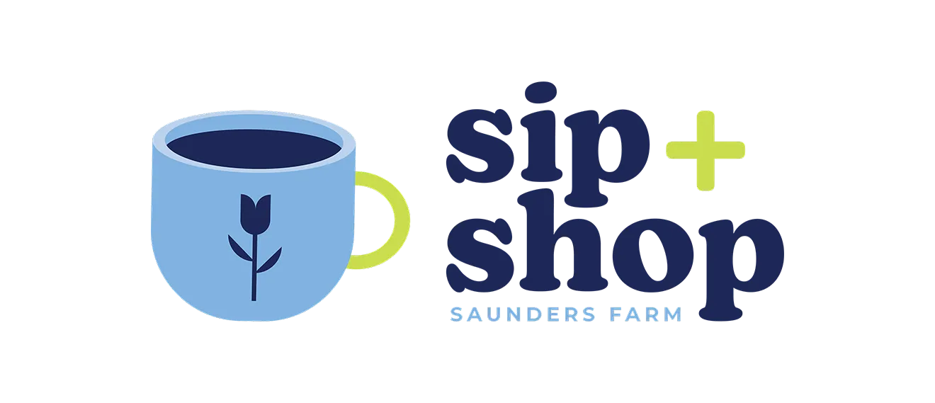 Saunders Farm Sip + Shop event logo featuring a blue mug icon, lime green accents, and seasonal retail branding.