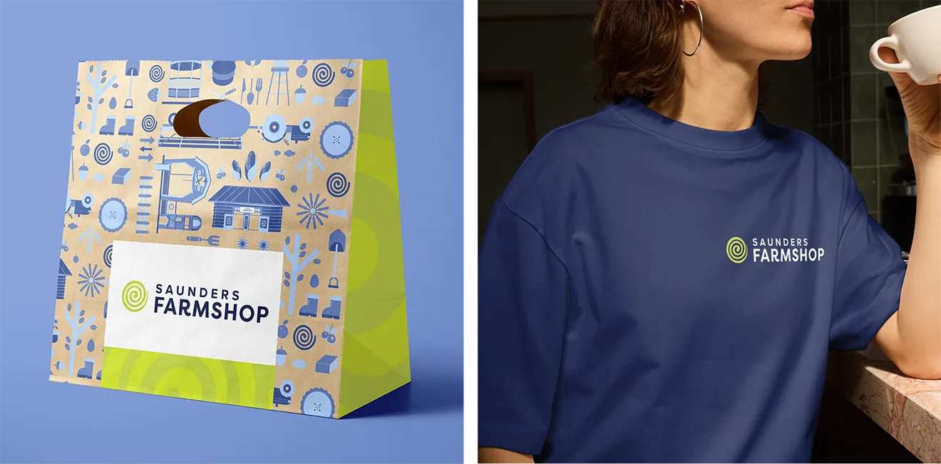 Saunders FarmShop staff apron featuring embroidered logo and lime green spiral branding.Saunders FarmShop retail packaging and staff apparel featuring branded bags, shirts, and farm illustrations.