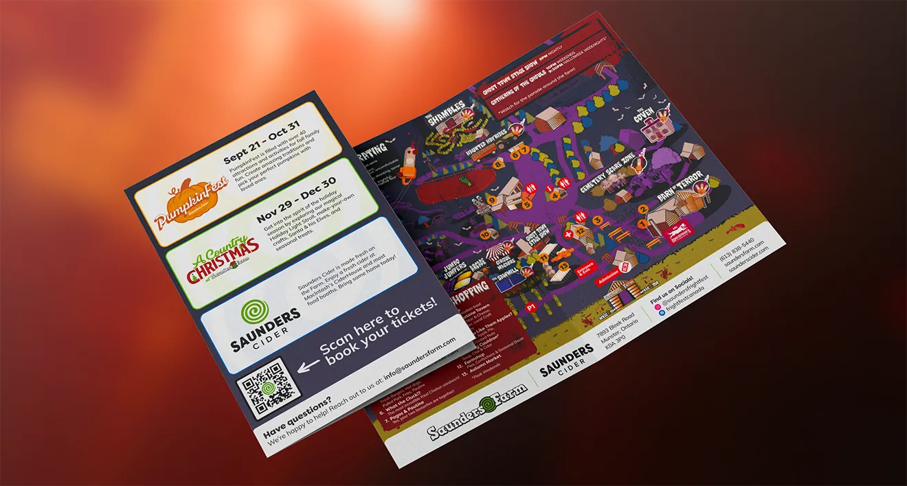 Dark seasonal FrightFest visitor brochure and night map layout updated by Hovski Studio.