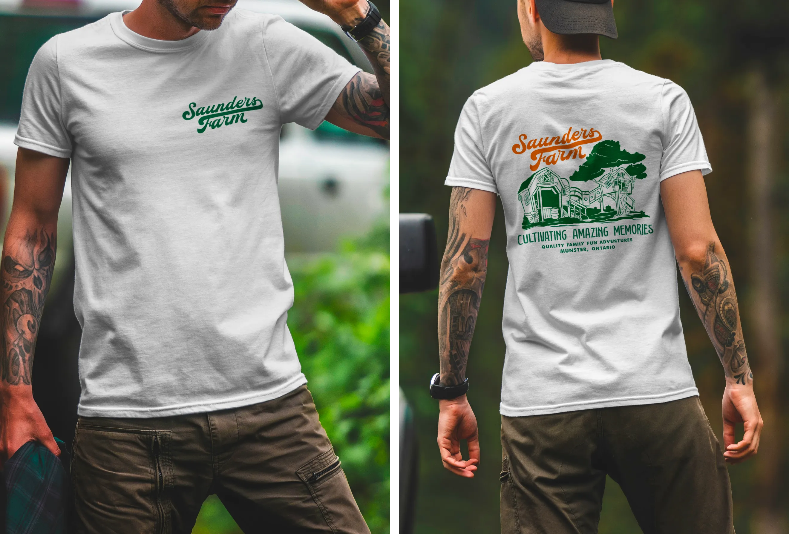 Custom illustrated Saunders Farm t-shirt mockup showing front chest logo and back red barn illustration, designed by Hovski Studio.