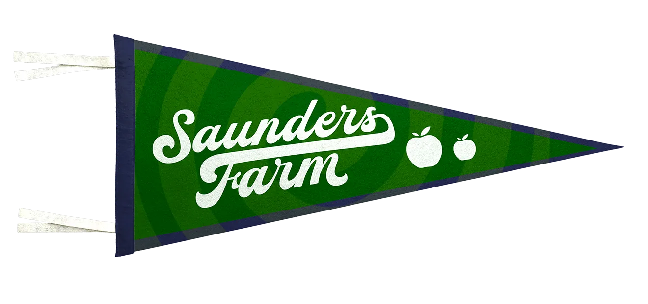 Navy and green felt pennant flag with repeating spiral pattern and Saunders Farm sub-branding by Hovski Studio.
