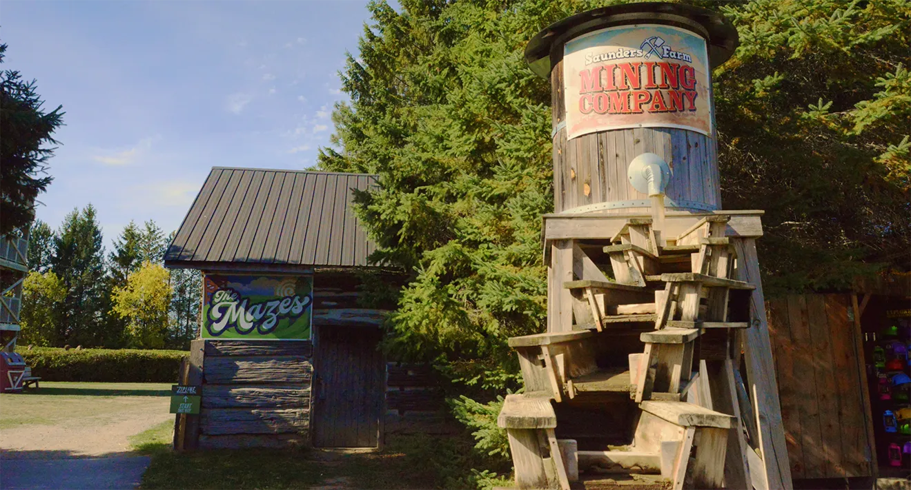Updated attraction signage for The Mazes and Mining Company at Saunders Farm, refreshed by Hovski Studio.