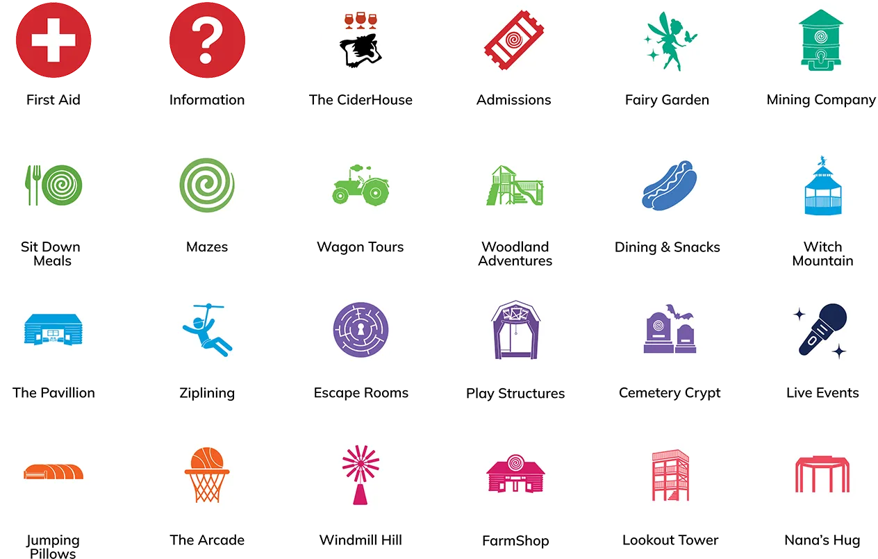 Matrix of 24 custom vector navigation icons created for Saunders Farm by Hovski Studio.