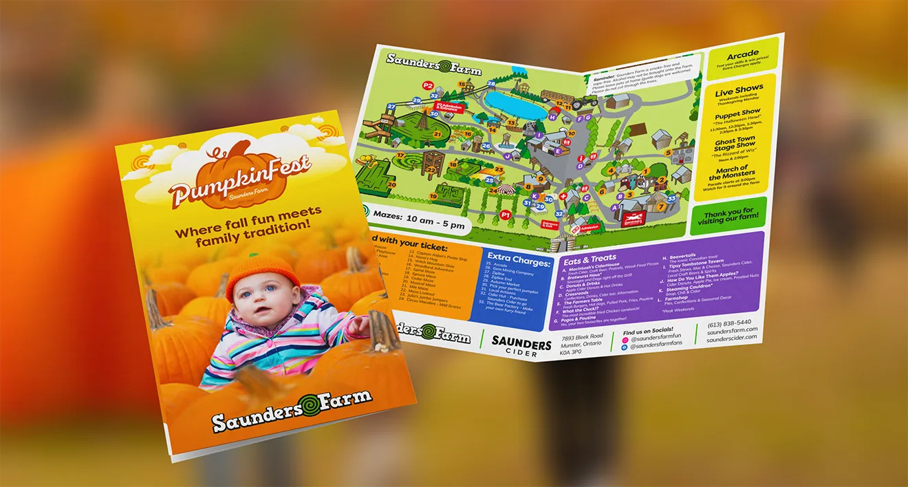 PumpkinFest visitor brochure spread showing the simplified illustrative farm map designed by Hovski Studio.