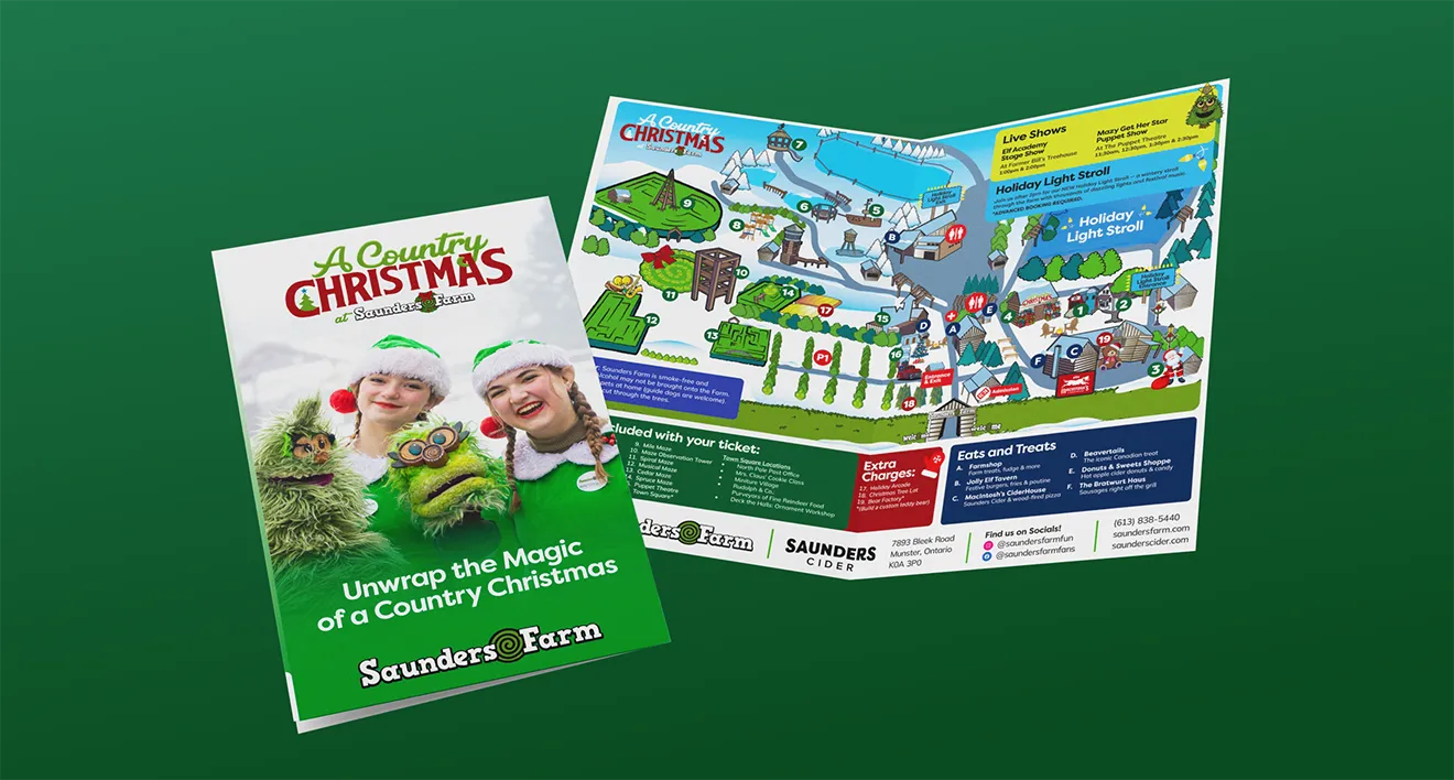 A Country Christmas bi-fold visitor brochure showcasing the revamped winter map by Hovski Studio.
