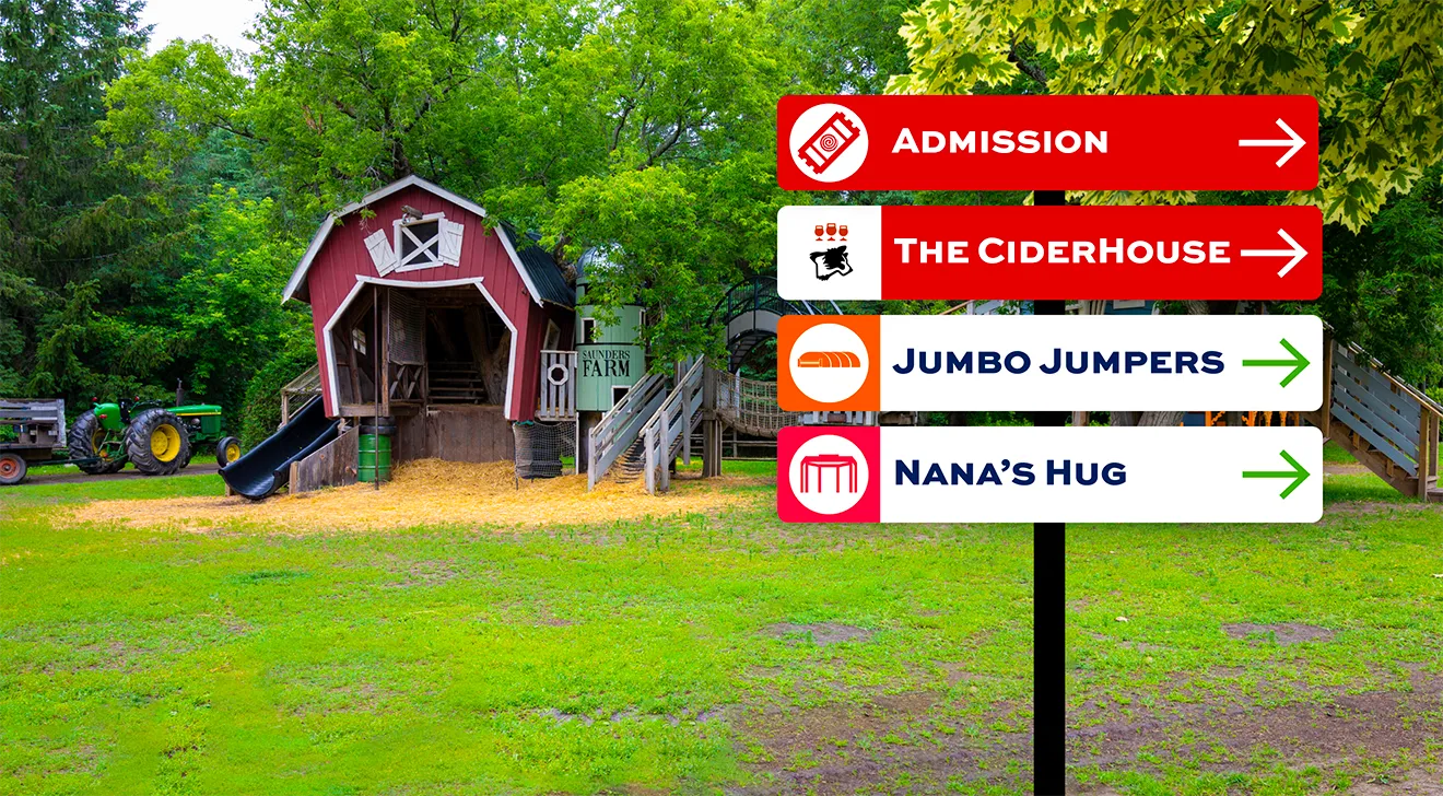 Custom wayfinding signpost with red and white directional arrows for Saunders Farm, designed by Hovski Studio
