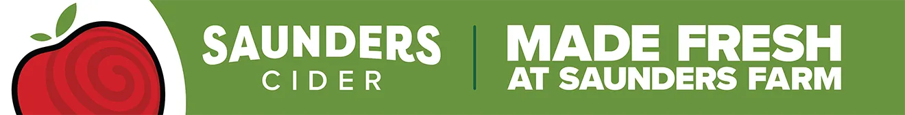 Vinyl festival banner for Saunders Cider with moss-green background and red spiral apple graphic, by Hovski Studio.