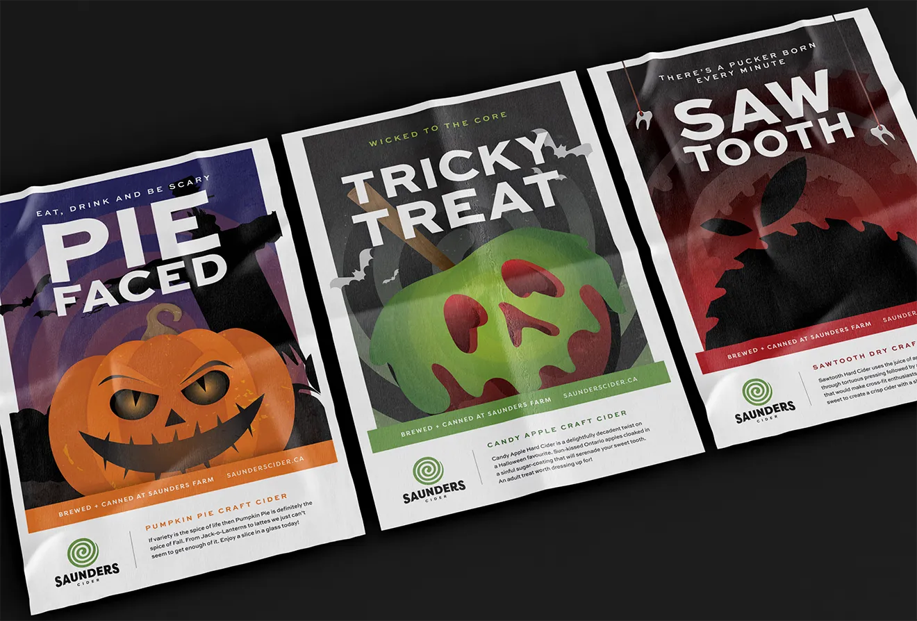 Textured autumn event marketing posters for Saunders Farm ciders, designed by Hovski Studio.