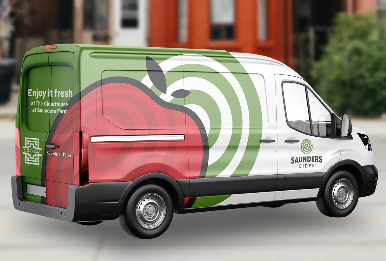 Full delivery van vehicle wrap with green and white spiral artwork for Saunders Cider, designed by Hovski Studio.