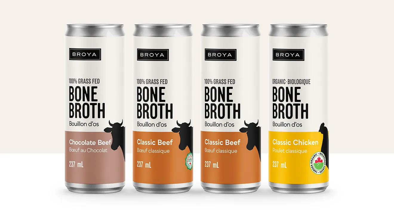Horizontal lineup of four Broya 237ml slim aluminum cans showcasing SKU expansion, designed by Hovski Studio.