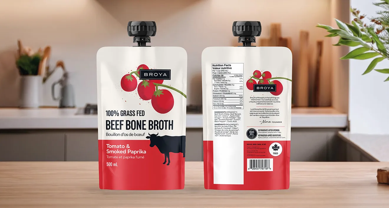 Broya Tomato and Smoked Paprika Beef Bone Broth spouted pouch packaging in Pantone red, by Hovski Studio.