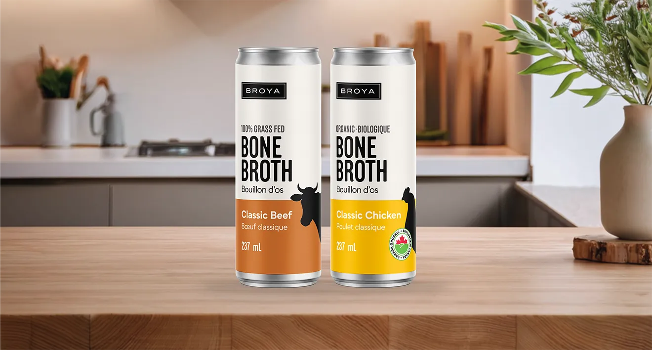 Broya Classic Beef and Chicken slim aluminum cans designed for US and Canadian market entry by Hovski Studio.