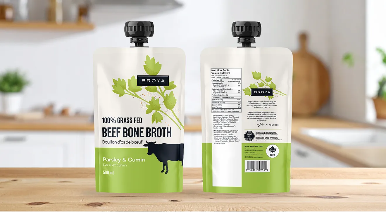 Front and back packaging layout for Broya 100% Grass Fed Beef Bone Broth in Pantone green, by Hovski Studio.