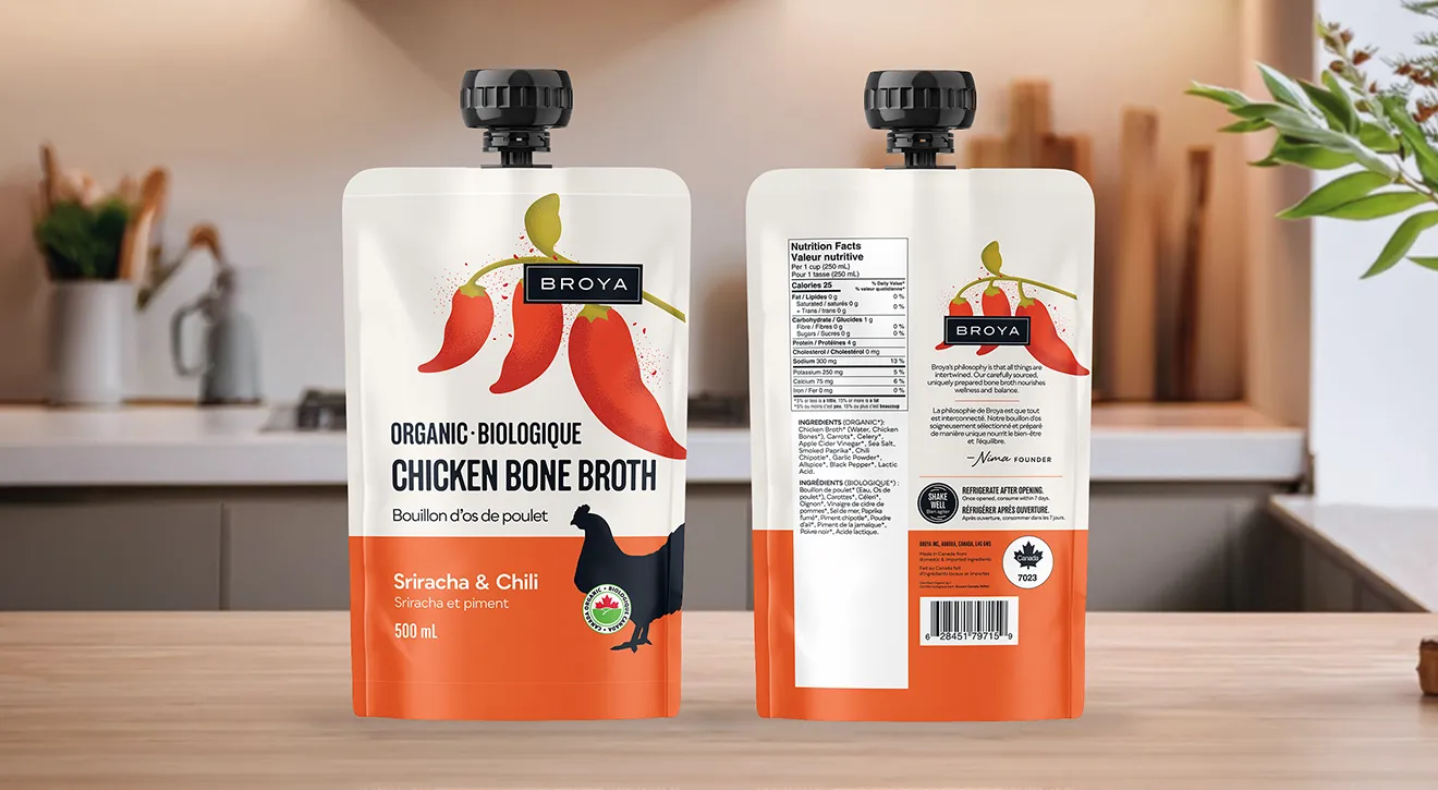 Broya Tomato and Smoked Paprika Beef Bone Broth spouted pouch packaging in Pantone red, by Hovski Studio.