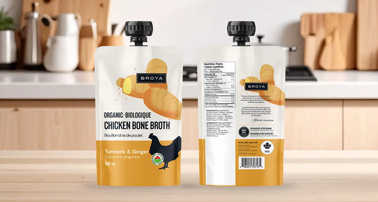 Broya Turmeric and Ginger Organic Chicken Bone Broth packaging panels in Pantone golden-yellow, by Hovski Studio.
