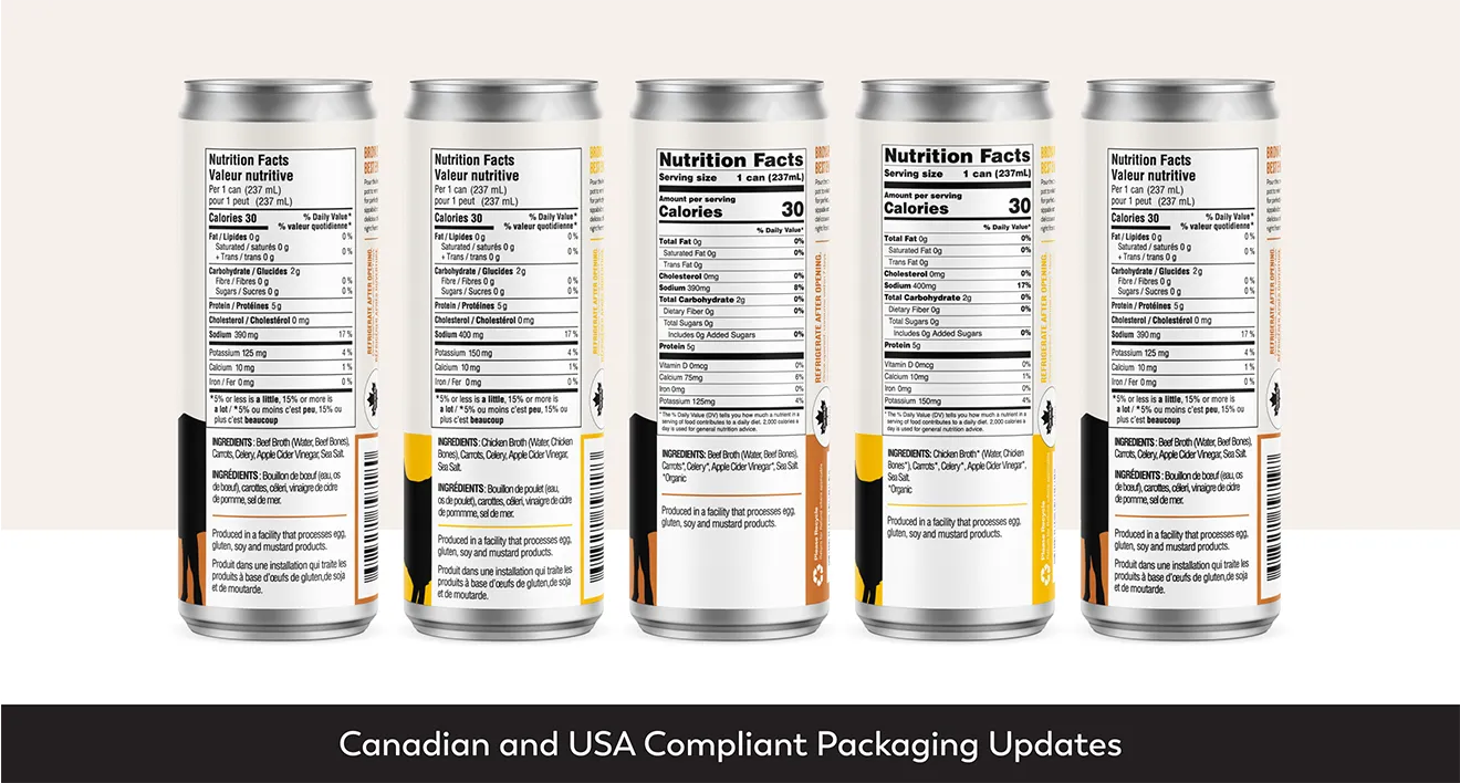 Back-panel production lineup of five Broya slim cans showing FDA and CFIA compliant packaging updates by Hovski Studio.