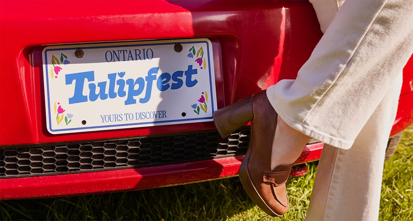 Ontario souvenir license plate with custom Tulipfest typography designed by Hovski Studio.