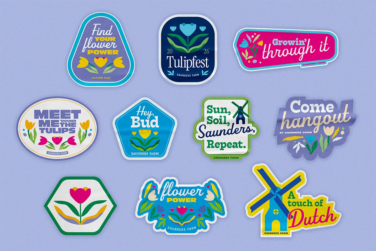 Flat-lay of ten die-cut merchandise sticker designs for Tulipfest by Hovski Studio.