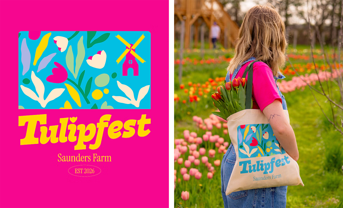 Guests wearing custom Tulipfest floral sweatshirt and carrying tote bag at Saunders Farm.