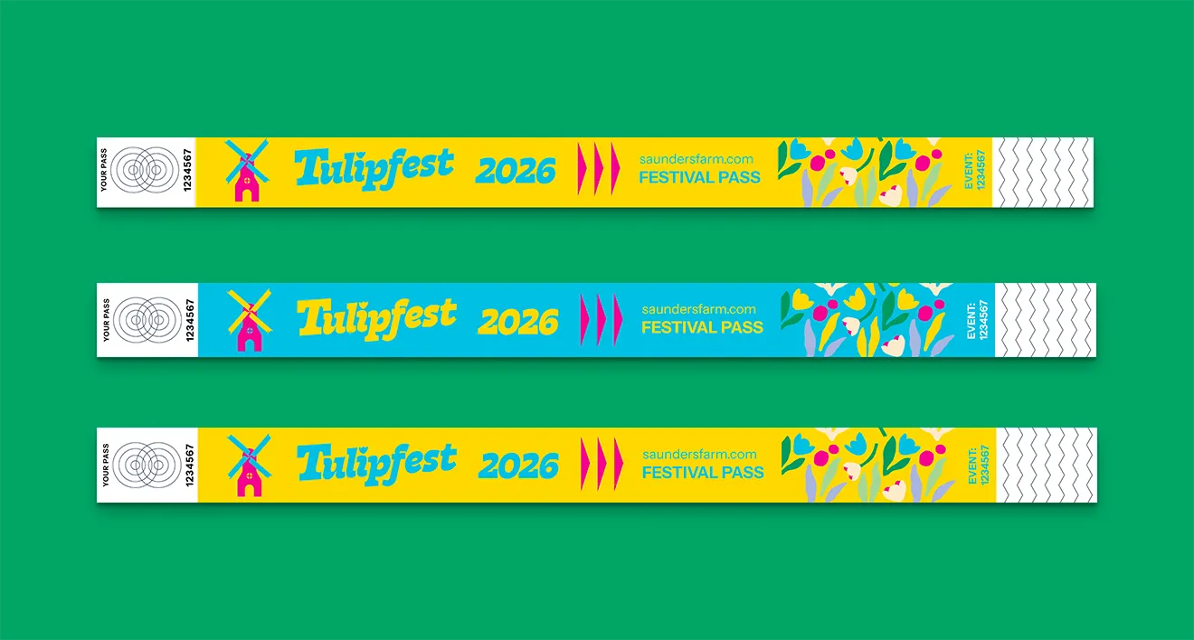 Colorful event admission wristband lineup for Tulipfest check-in kiosks by Hovski Studio.