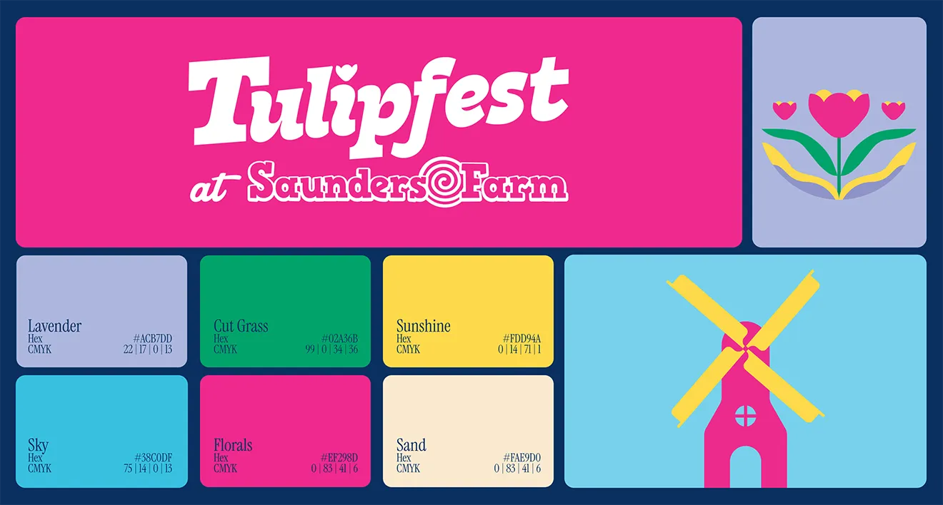 Official Tulipfest brand identity color swatch grid and vector icons by Hovski Studio.