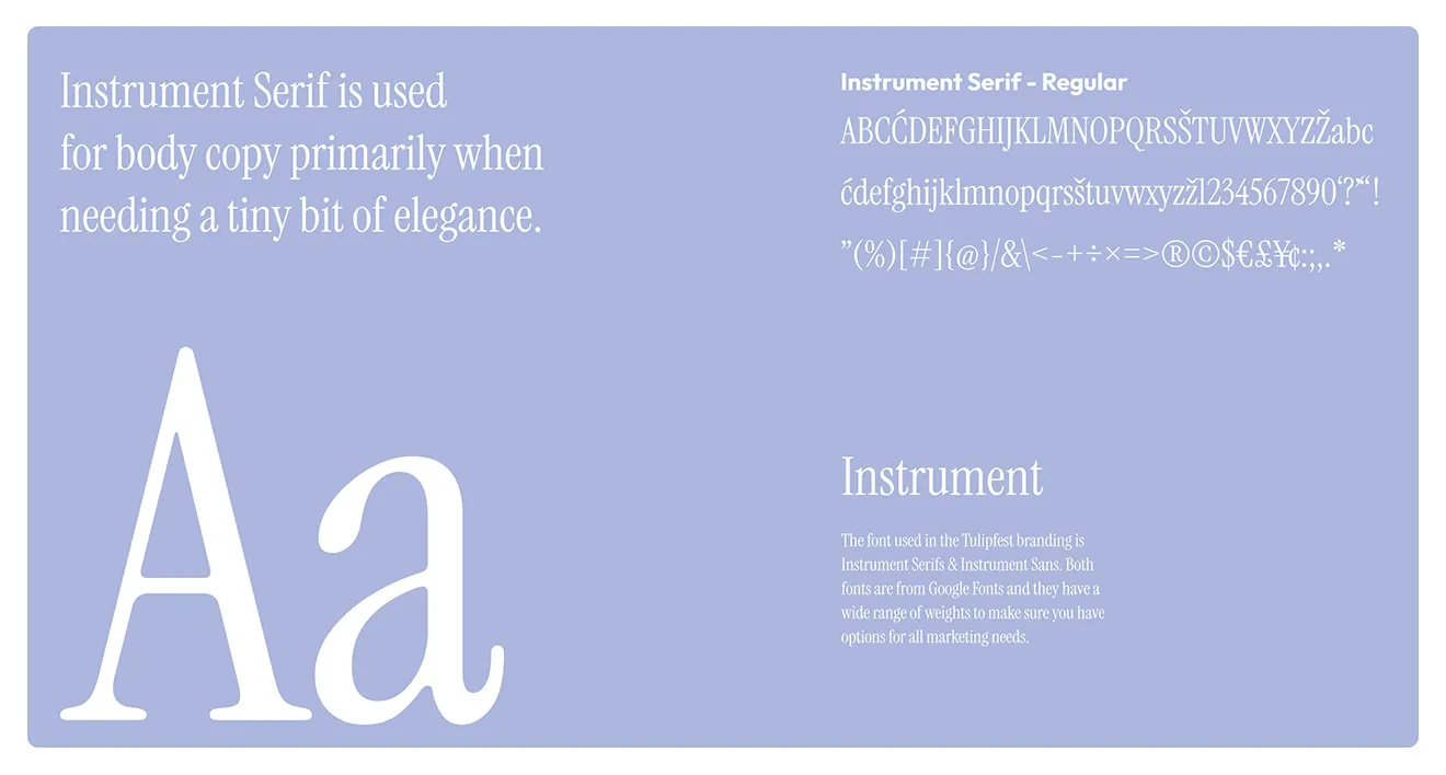 Instrument Serif typography presentation sheet for Tulipfest branding by Hovski Studio.