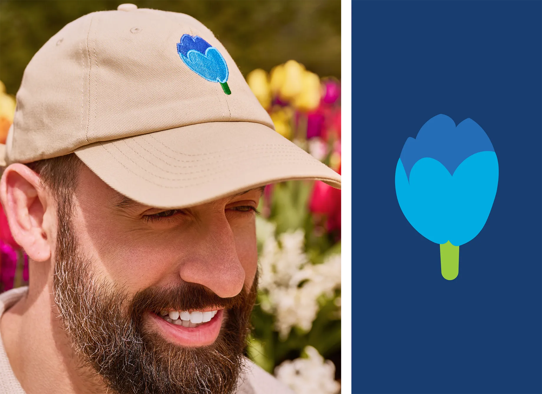 Custom embroidered Tulipfest baseball cap and tulip vector emblem designed by Hovski Studio.