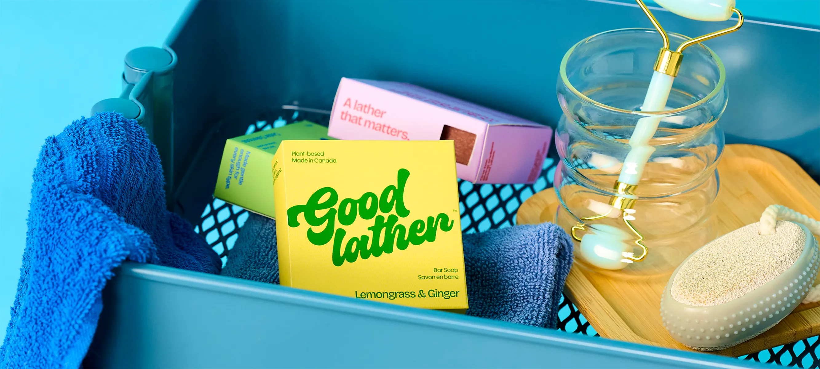 Goodlather sustainable bar soap packaging in Lemongrass & Ginger and pink boxes designed by Hovski Studio and photographed by Midnight Hour Studio.