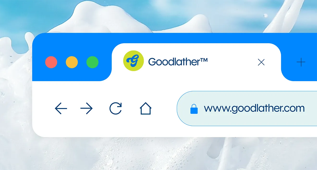 Goodlather.ca web browser search bar mockup over coastal waves background by Hovski Studio.