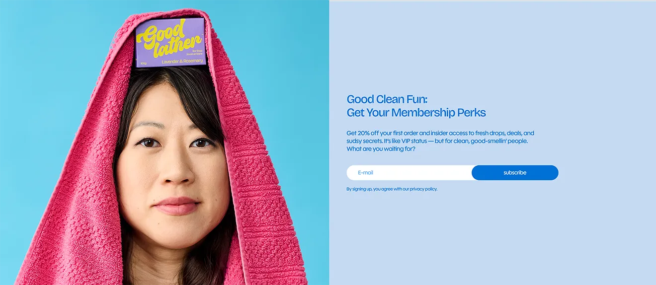 Goodlather newsletter signup layout with Lavender and Rosemary soap packaging by Hovski Studio.