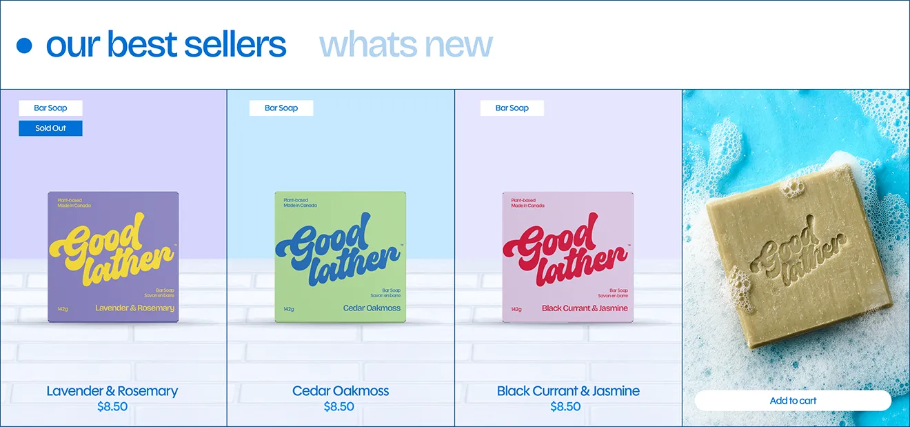 Goodlather Best Sellers e-commerce grid showing Lavender, Cedarmoss, and Black Currant soap boxes.