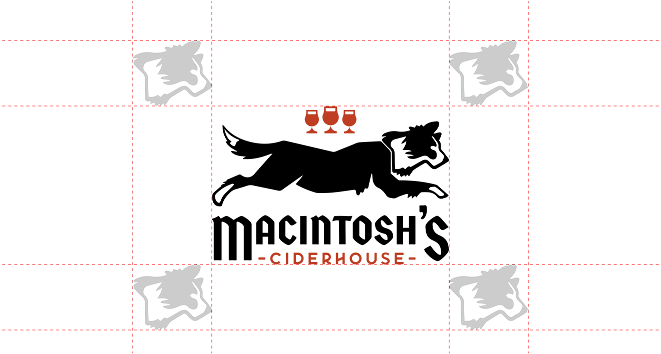 Macintosh's Ciderhouse logo specification grid showing clearspace rules and running Border Collie mascot designed by Hovski Studio.