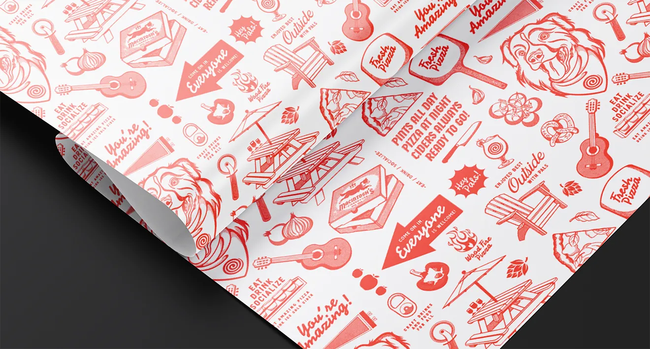 Custom illustrated food packaging wax paper roll with red brand icons designed by Hovski Studio.