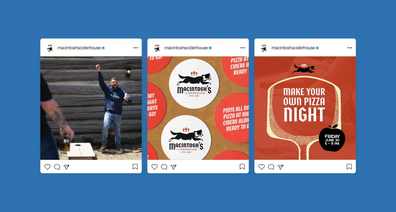 Macintosh's Ciderhouse social media Instagram post templates featuring running dog logo and pizza night graphic by Hovski Studio.