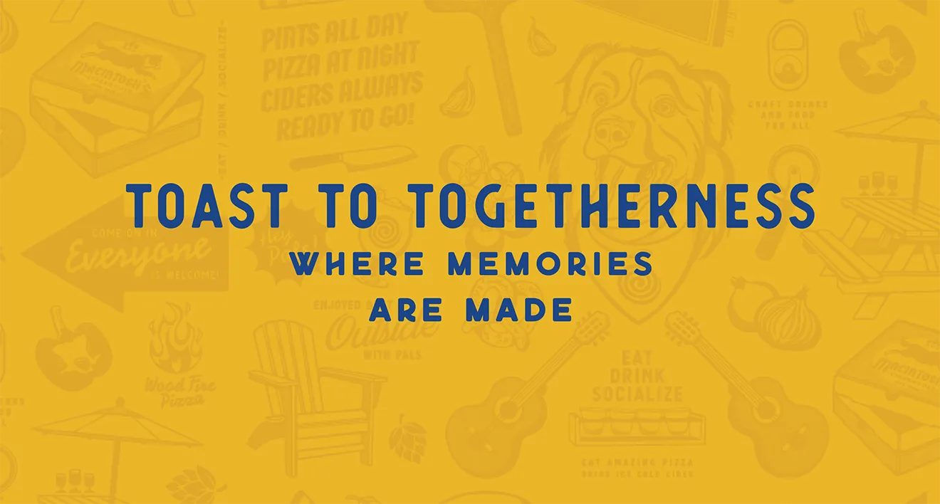 Toast to Togetherness brand slogan typography graphic on yellow illustrated background by Hovski Studio.