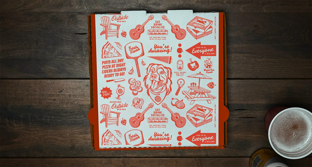 Macintosh's Ciderhouse illustrated pizza box packaging featuring brand mascot and icons by Hovski Studio.
