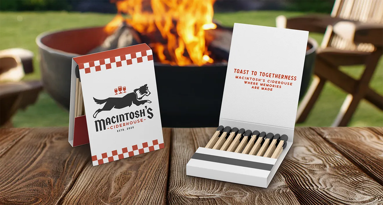 Macintosh's Ciderhouse custom branded matchbooks featuring running dog logo and slogan by Hovski Studio.