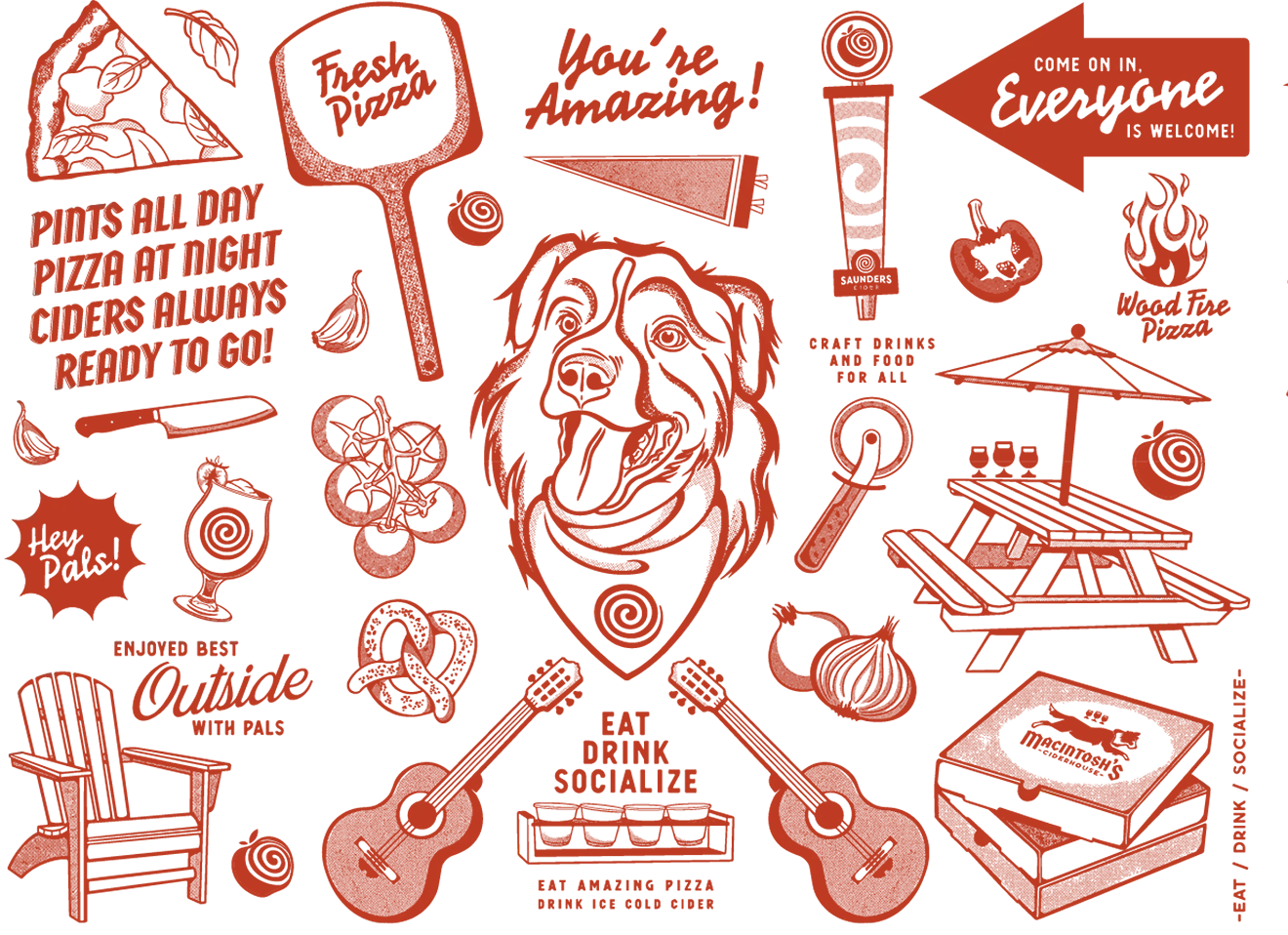 Collection of custom brand illustrations including dog mascot portrait, pizza peel, picnic table, and guitars by Hovski Studio.