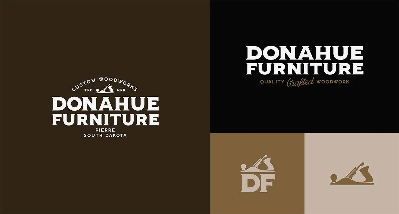 Donahue Furniture logo variations and brand identity marks designed by Hovski Studio.