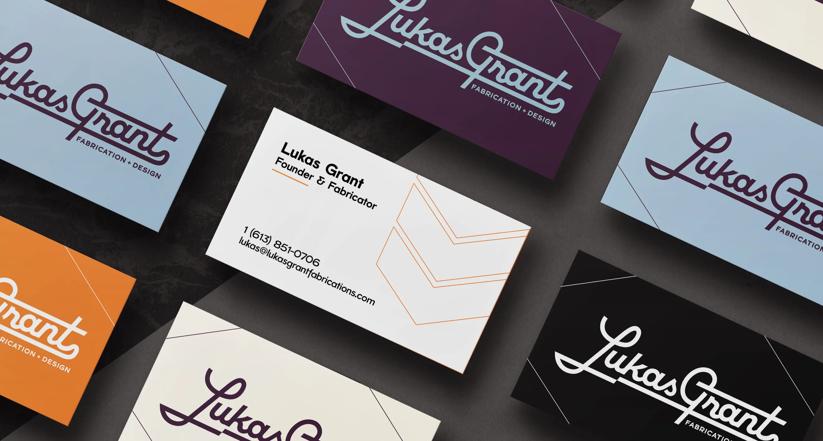 Lukas Grant Fabrication corporate business cards in multi-color brand palette designed by Hovski Studio.